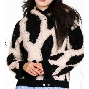 NWT Sandy Liang Leopard Print Black Cream Sherpa Hoodie Sweater Sweatshirt Sz S